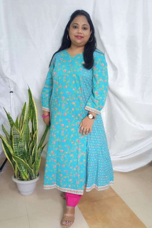 Sea Green Pink floral print-Kalidar Kurta