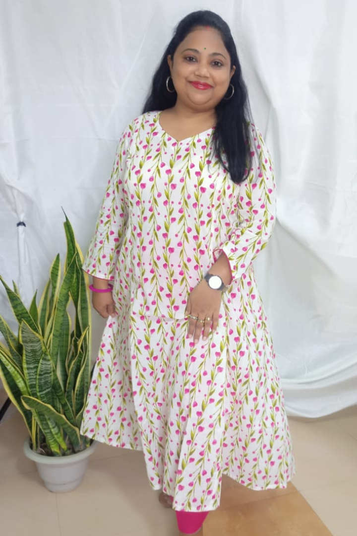 white pink kali print bel_kalidar kurta