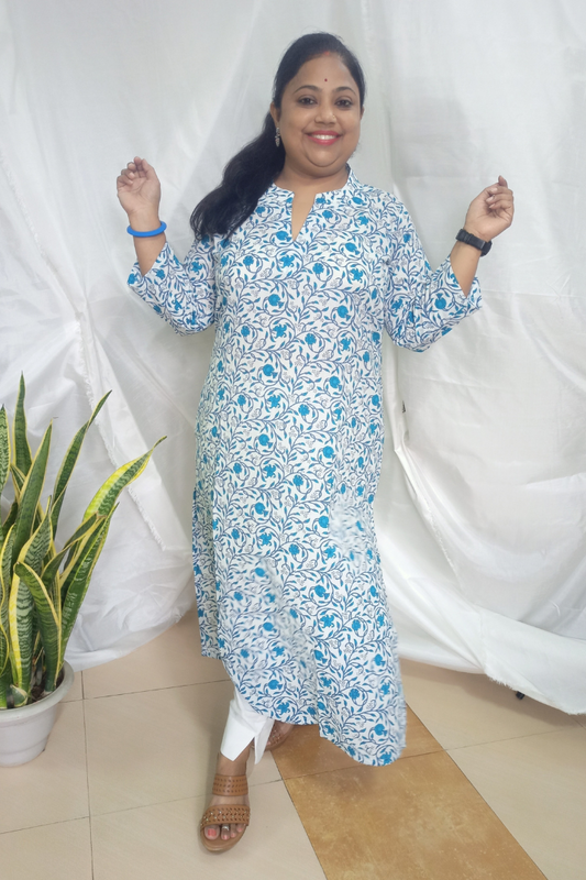 White - blue kalamkari print Cotton Kurta