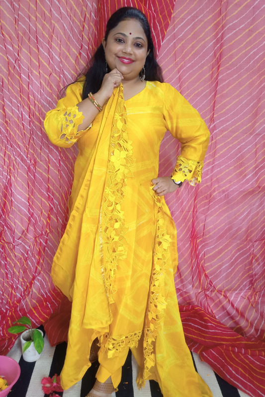 Bright Yellow cutwork chanderi silk suit