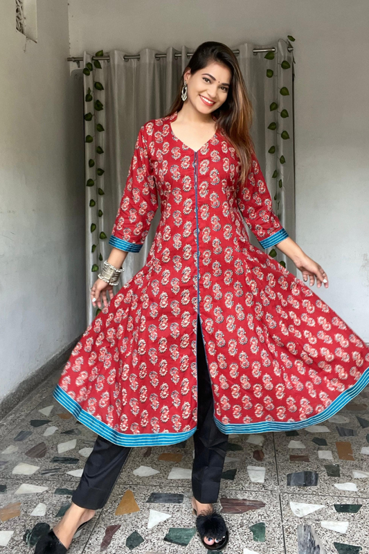 Mehroon small motif buta- Jaipuri cotton kalidar kurta