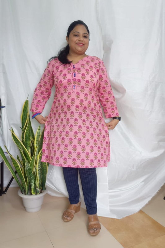 Pink pure Jaipuri cotton short Kurti