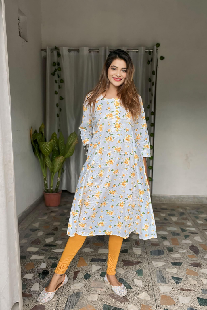 White base-yellow floral buti kalidar kurti