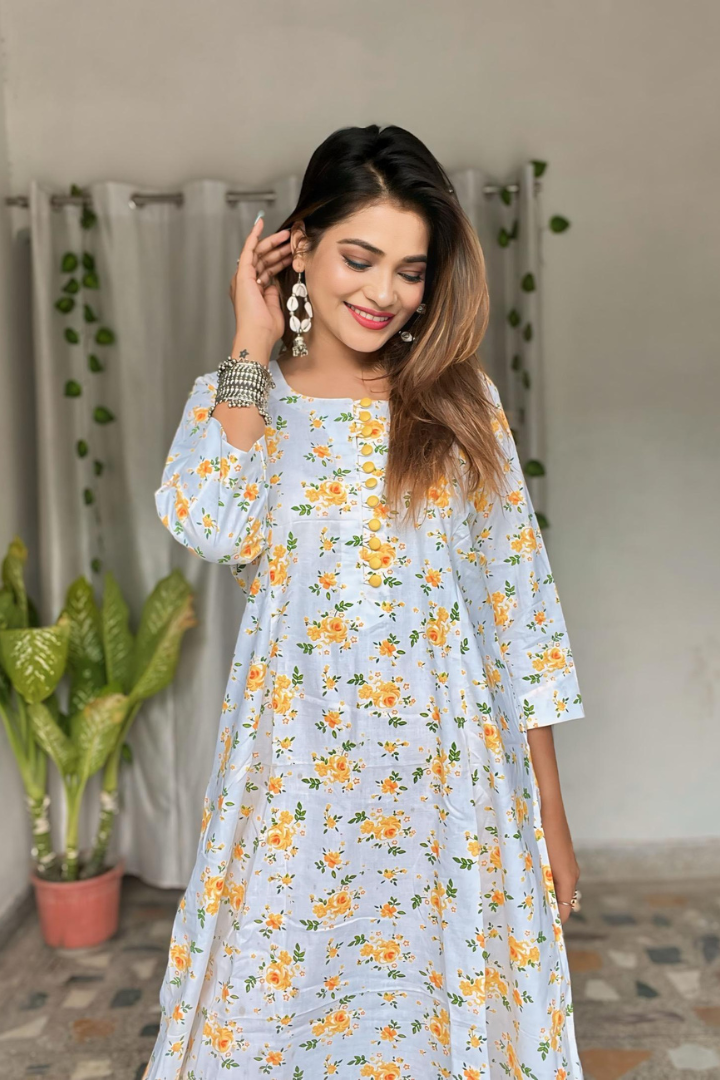 White base-yellow floral buti kalidar kurti